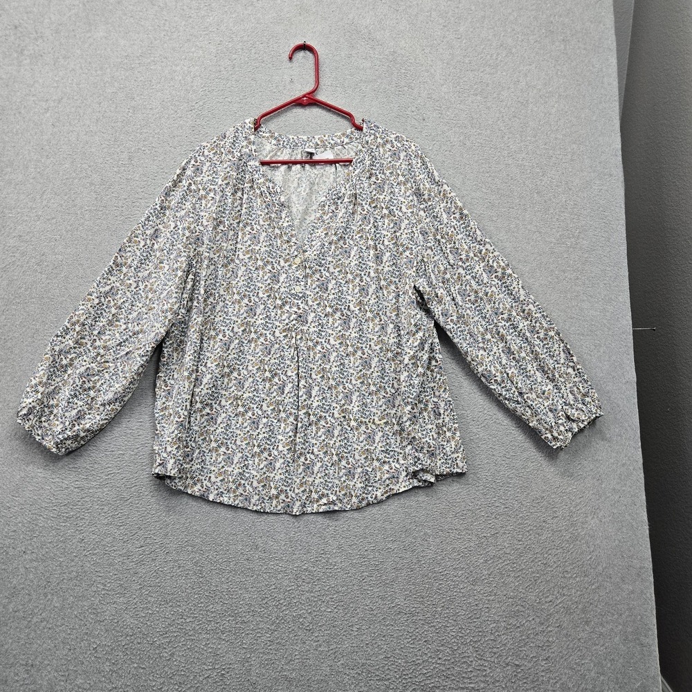 Old Navy Women Blouse XXL White Floral Peasant Button V-Neck Front